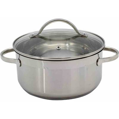 Stainless steel cooking pot with glass lid and side handles, suitable for cooking and steaming.