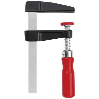 A clamp with a black plastic head, silver metal rod, and red handle, used for holding objects during processing.