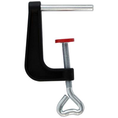 A metal G-clamp with a black body and silver screw, used for securing materials during processing.