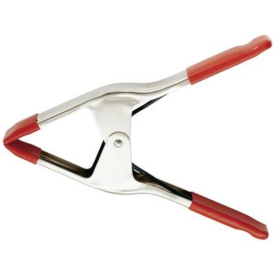 A silver clip with red handles, opened and ready for use.