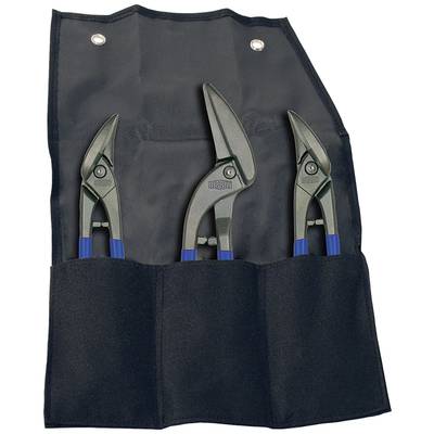Three metal sheet shears in a black bag with three pockets, each pair of shears having blue-black handles and a different shear head.