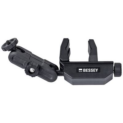 A black Bessey clamping tool for securing, with adjustable arm and knurled screws for stable fixation on surfaces.