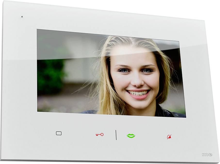 A white video doorbell screen displays the image of a smiling woman. Beneath are symbols for various functions.