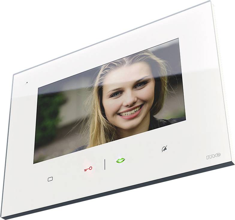A white door entry monitor displays the image of a smiling woman. Symbols beneath the display represent functions such as speaking and opening.