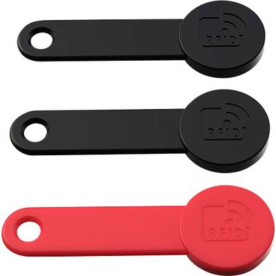 Three RFID chip keys in black and red, arranged in two rows. Each chip has a round head with an embossed 'RFID' logo.