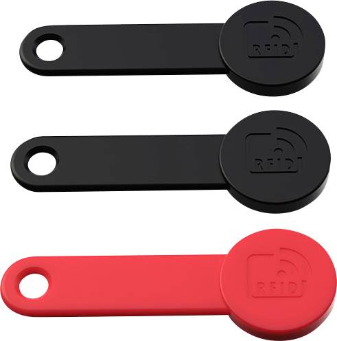 Three RFID key fobs, two black and one red. Each has a round shape with an integrated chip and a mounting hole.
