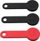 Three RFID key fobs, two black and one red. Each has a round shape with an integrated chip and a mounting hole.