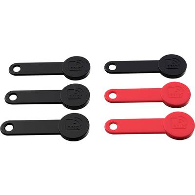 'Six RFID key fobs, three black and three red, are lying side by side. Each fob has a hole at one end.'
