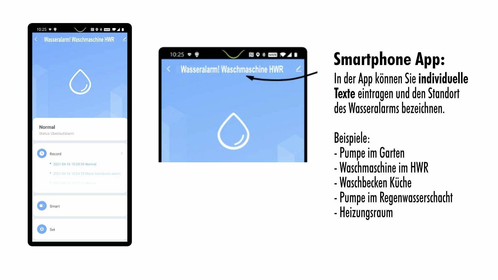 Smartphone screen shows 'Water Alarm! Washing Machine Utility Room'. Next to it, text for customising alarms and examples such as 'Pump in the Garden'.