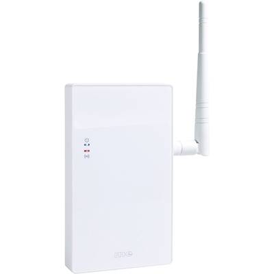 White wireless router with antenna and status lights on the left side.