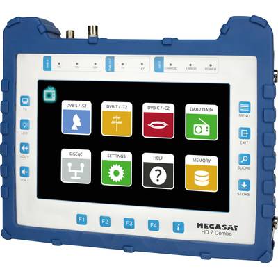 Handheld satellite meter with a blue protective casing, displaying a screen with various icons for satellite configurations, settings, and memory options.