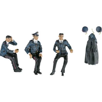 Four miniature figures in uniforms, including two seated and one standing, along with a coat and two hats on hooks.