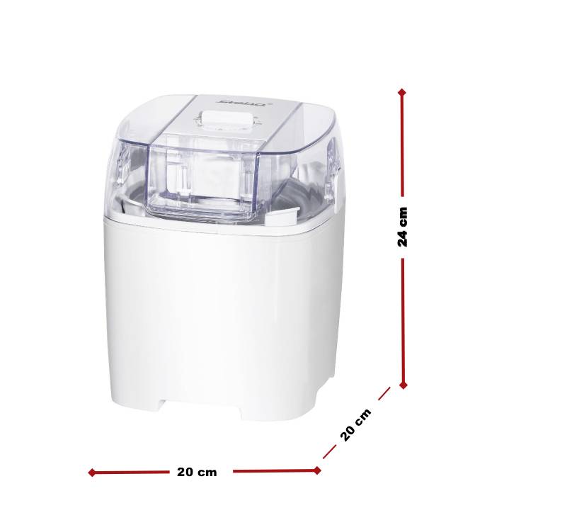 White ice cream maker, compact, dimensions 20x20x24 cm, with transparent lid. Perfect for small kitchens or for on the go.