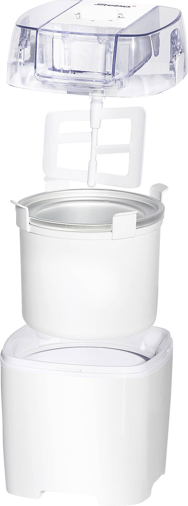 'Exploded view of an ice cream maker with a removable container, mixing paddle, and transparent lid, revealing internal components.'