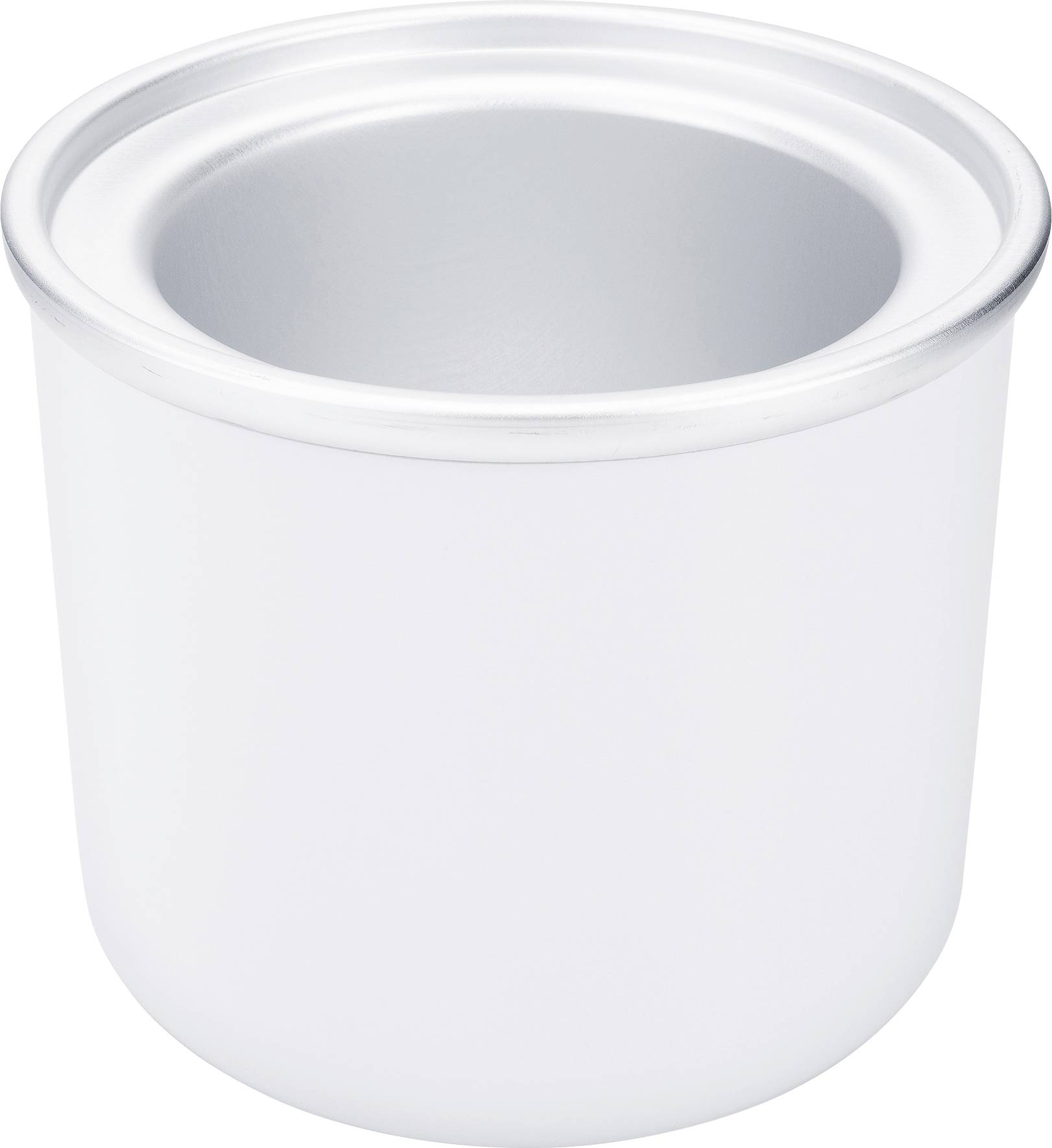 A white, cylindrical container with a smooth rim and a satin-like surface, empty and without a lid.