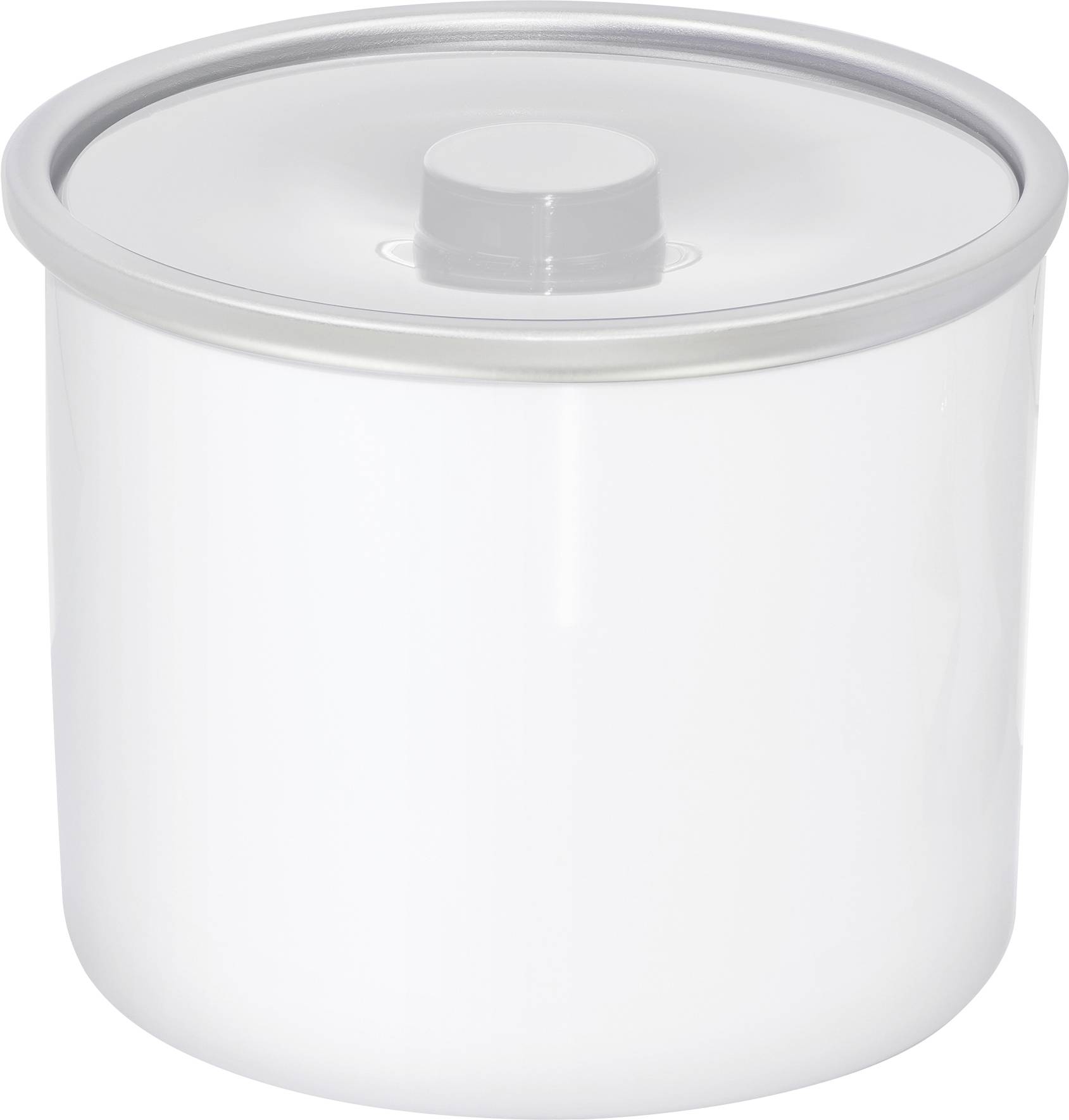 Container with a solid, removable lid, cylindrical in shape, predominantly white.