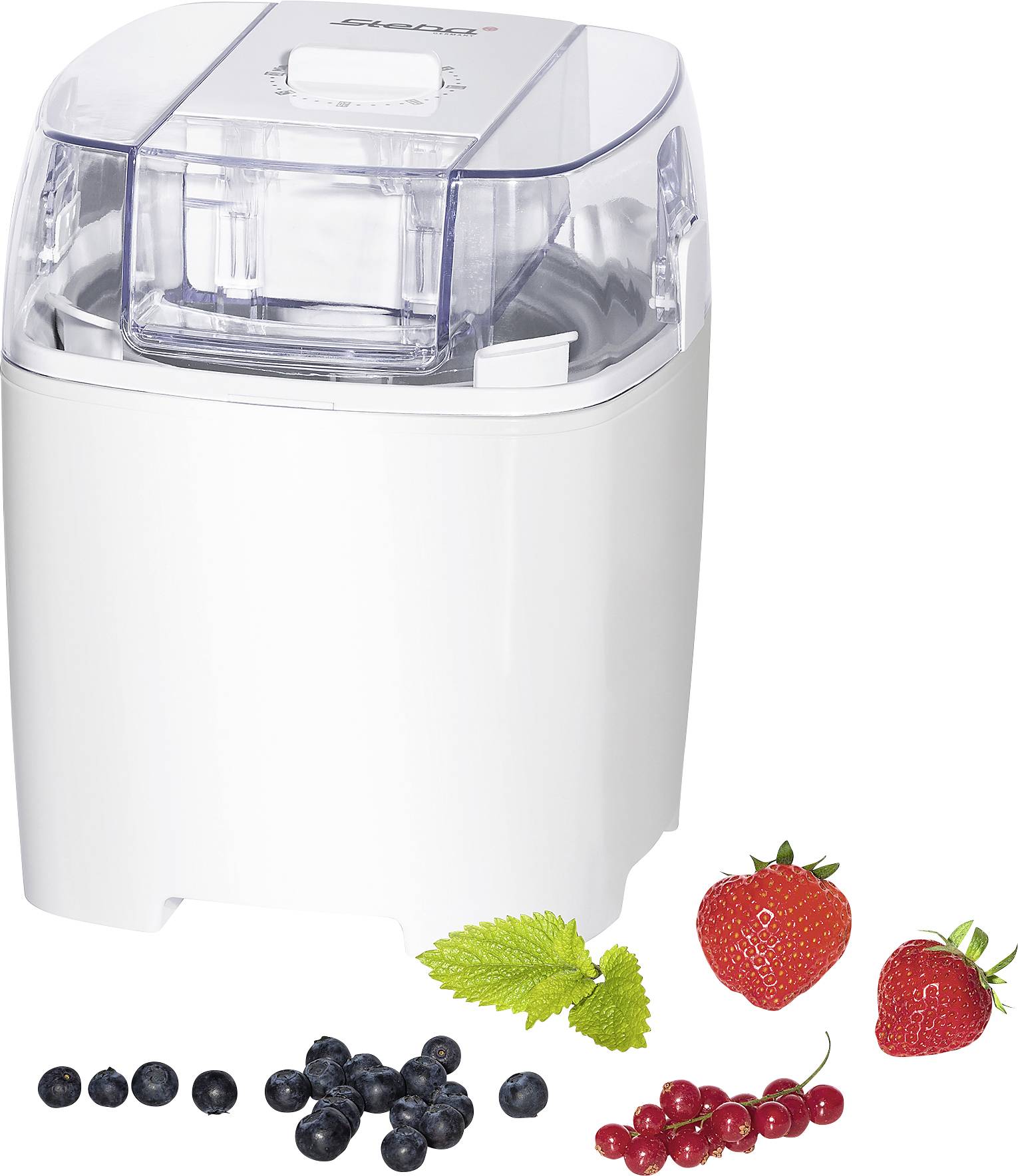 'Ice cream maker with a transparent lid, alongside fresh berries such as strawberries and blueberries. Perfect for preparing desserts.'