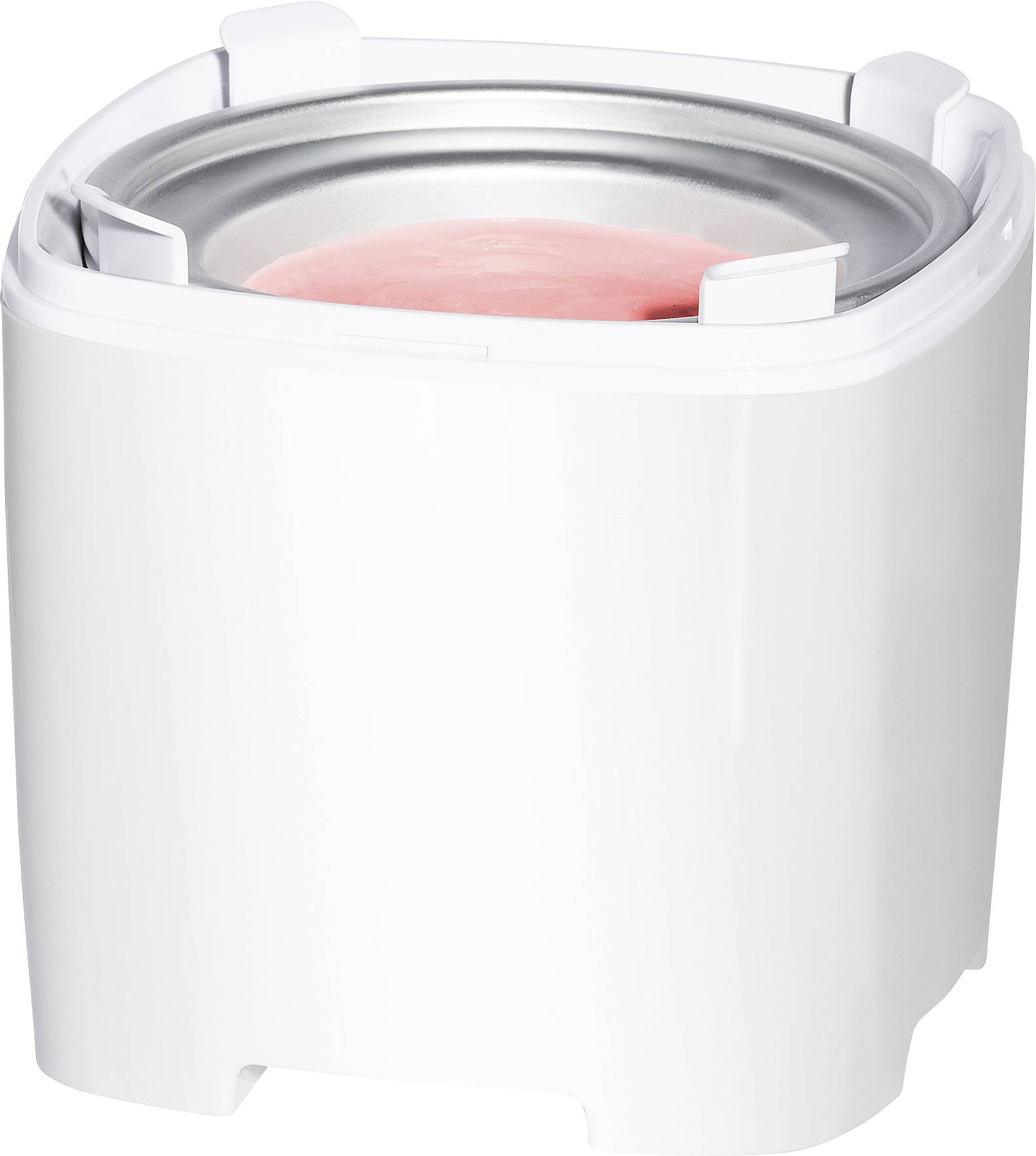 Ice cream machine with pink ice cream mixture in a stainless steel container. The device has a simple, white design.
