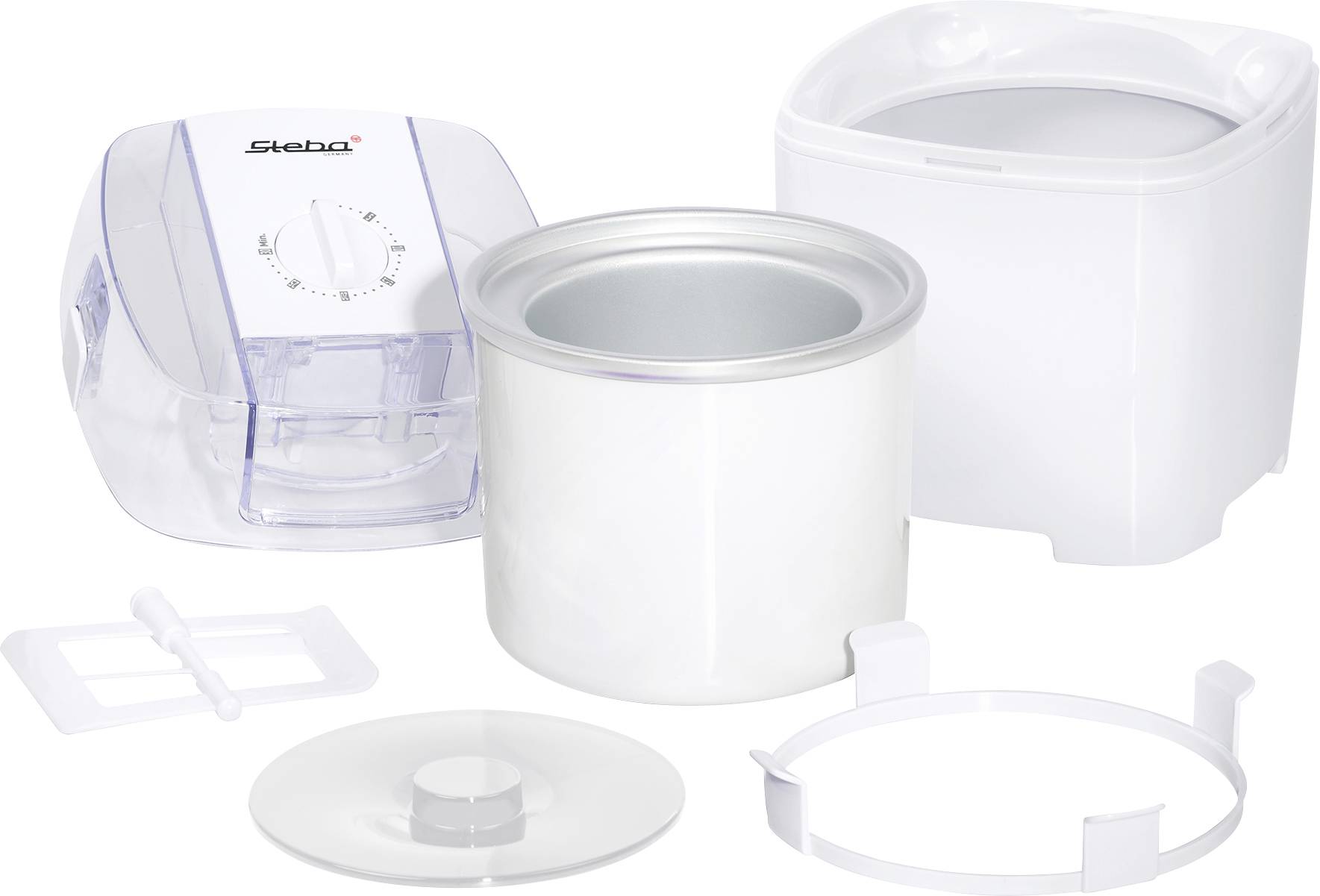 Ice cream maker with removable container and accessories, shown from multiple perspectives. White, with clear cover and control knob.