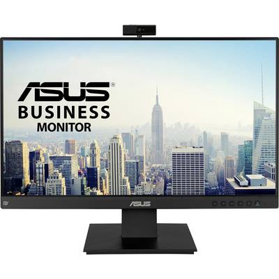 Asus business monitor positioned in front of a city landscape, featuring a metropolitan skyline with a prominent skyscraper in the background.