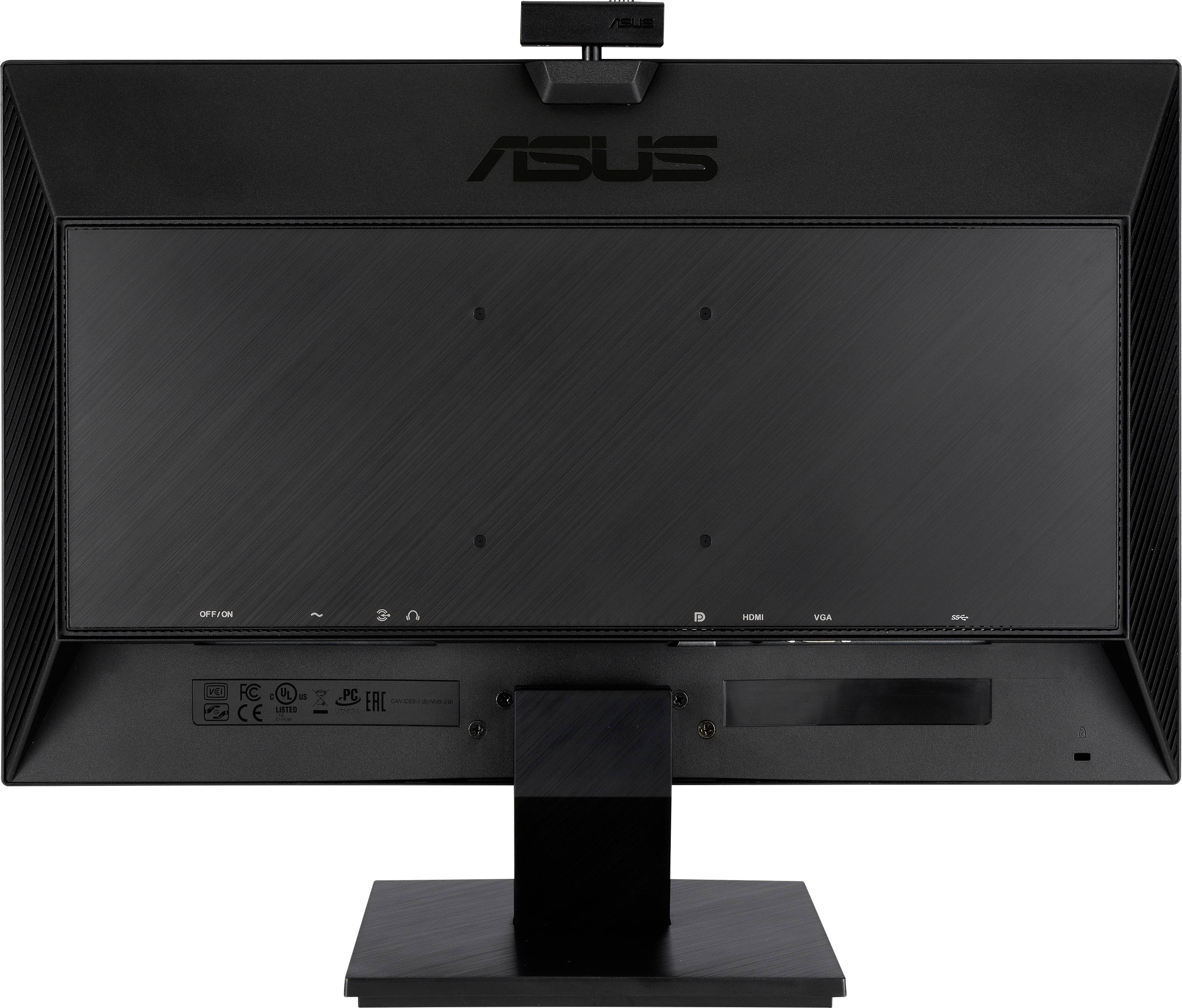 'Rear view of a black monitor with brand logo, including stand and various connection ports.'