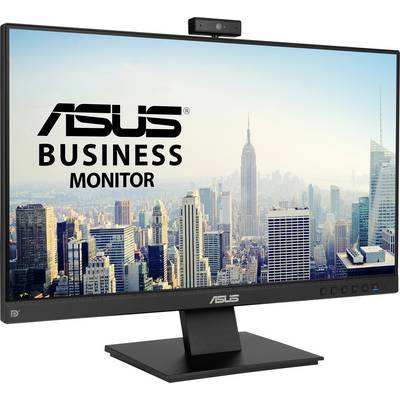 A monitor with 'ASUS Business Monitor' branding displays a skyline with skyscrapers and the Empire State Building in daylight.