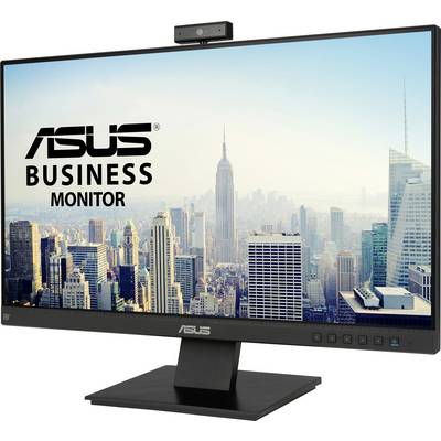An ASUS business monitor displays a skyline with towering skyscrapers. A webcam is mounted on top of the monitor.