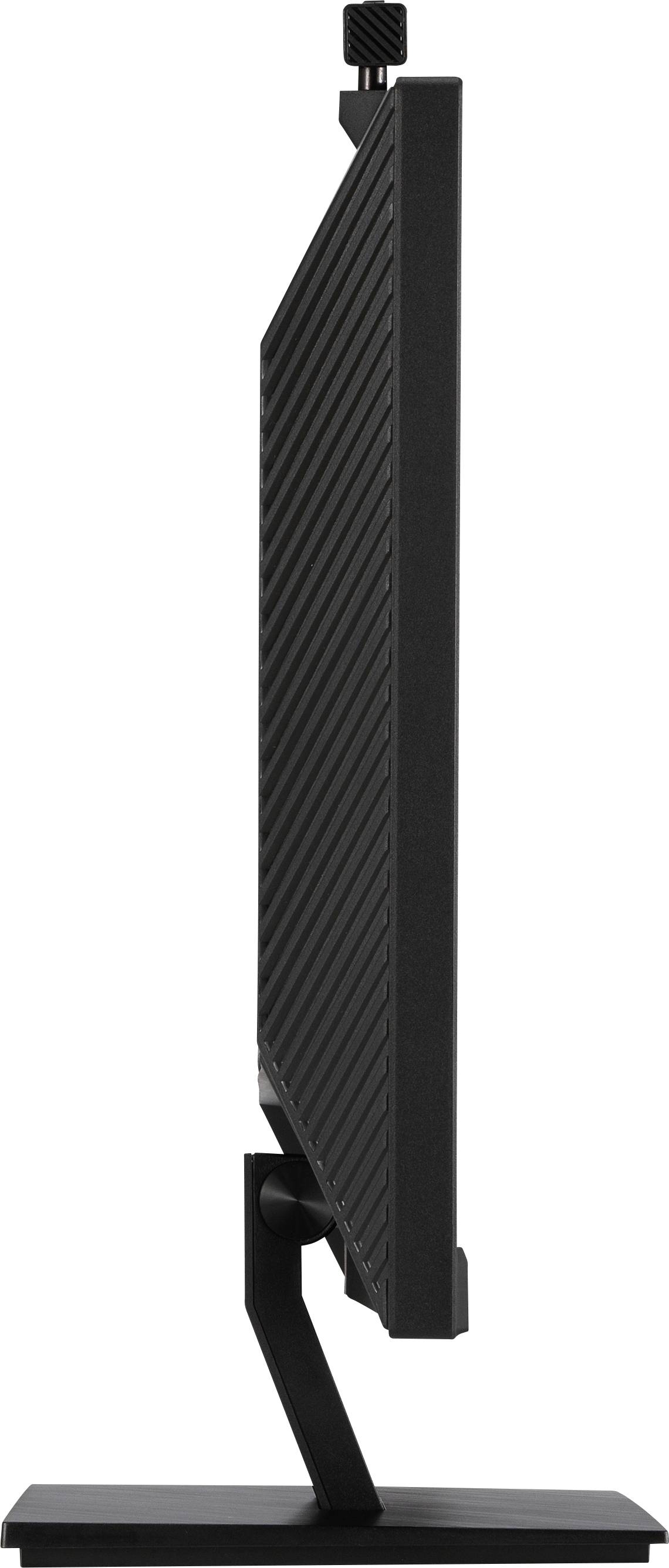 A side profile of a flat computer monitor with a slim bezel and a sturdy stand.