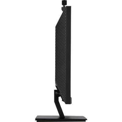 A side profile of a flat computer monitor with a slim bezel and a sturdy stand.
