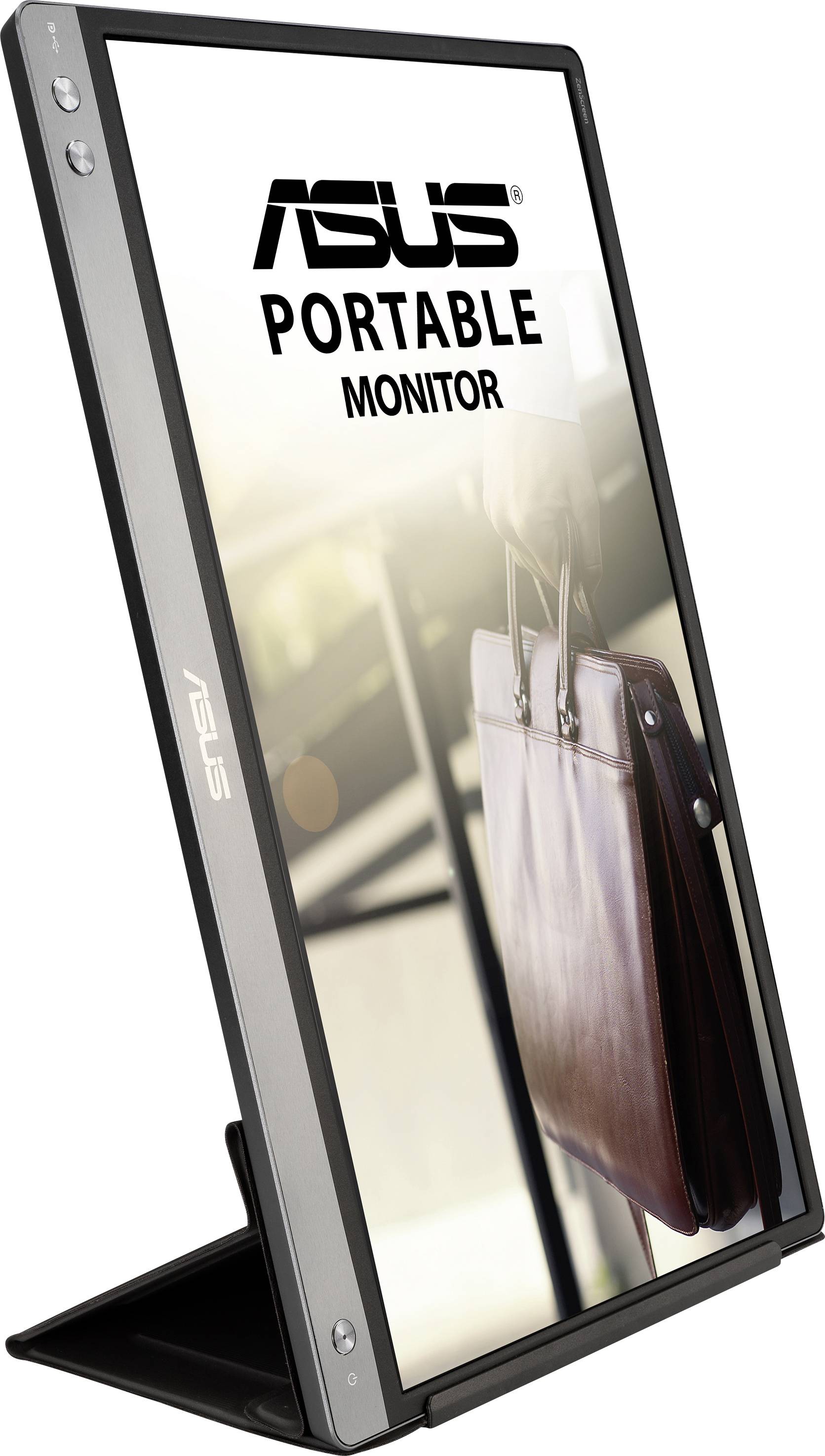 A portable ASUS monitor with LED lighting in portrait orientation, displaying an image of a handbag against a blurred background.