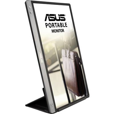 A portable ASUS monitor with LED lighting in portrait orientation, displaying an image of a handbag against a blurred background.