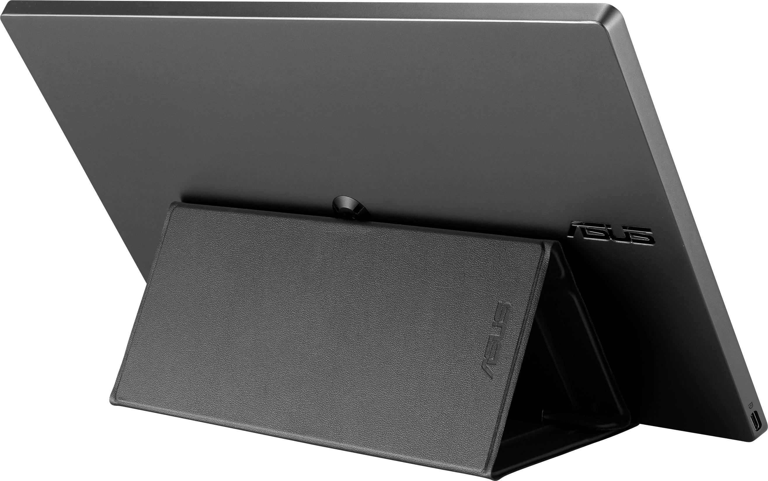 A black monitor with an integrated stand shown from the side, brand logo visible, featuring a simple and sleek design.