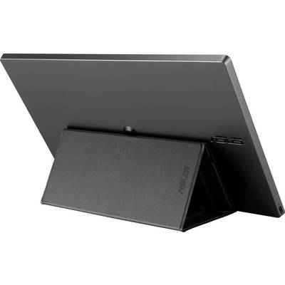 A black monitor with an integrated stand shown from the side, brand logo visible, featuring a simple and sleek design.