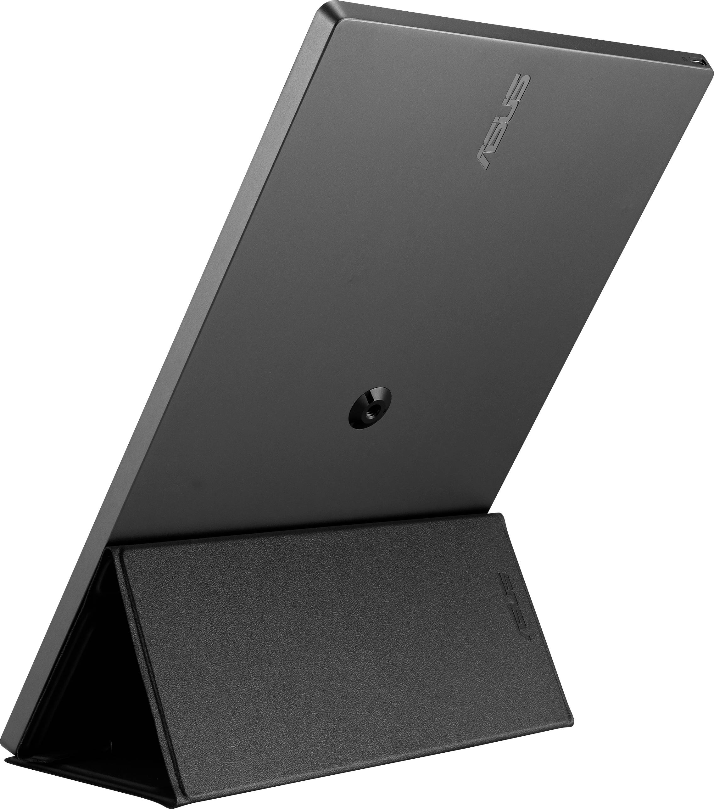 A portable ASUS monitor with a sleek design and integrated stand, perfect for mobile use and presentations.