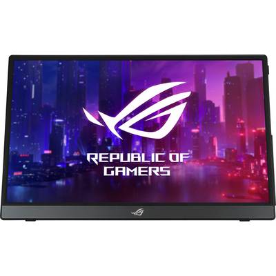 A screen displays a luminous city at night. In the centre, the logo and the lettering "Republic of Gamers" in white.