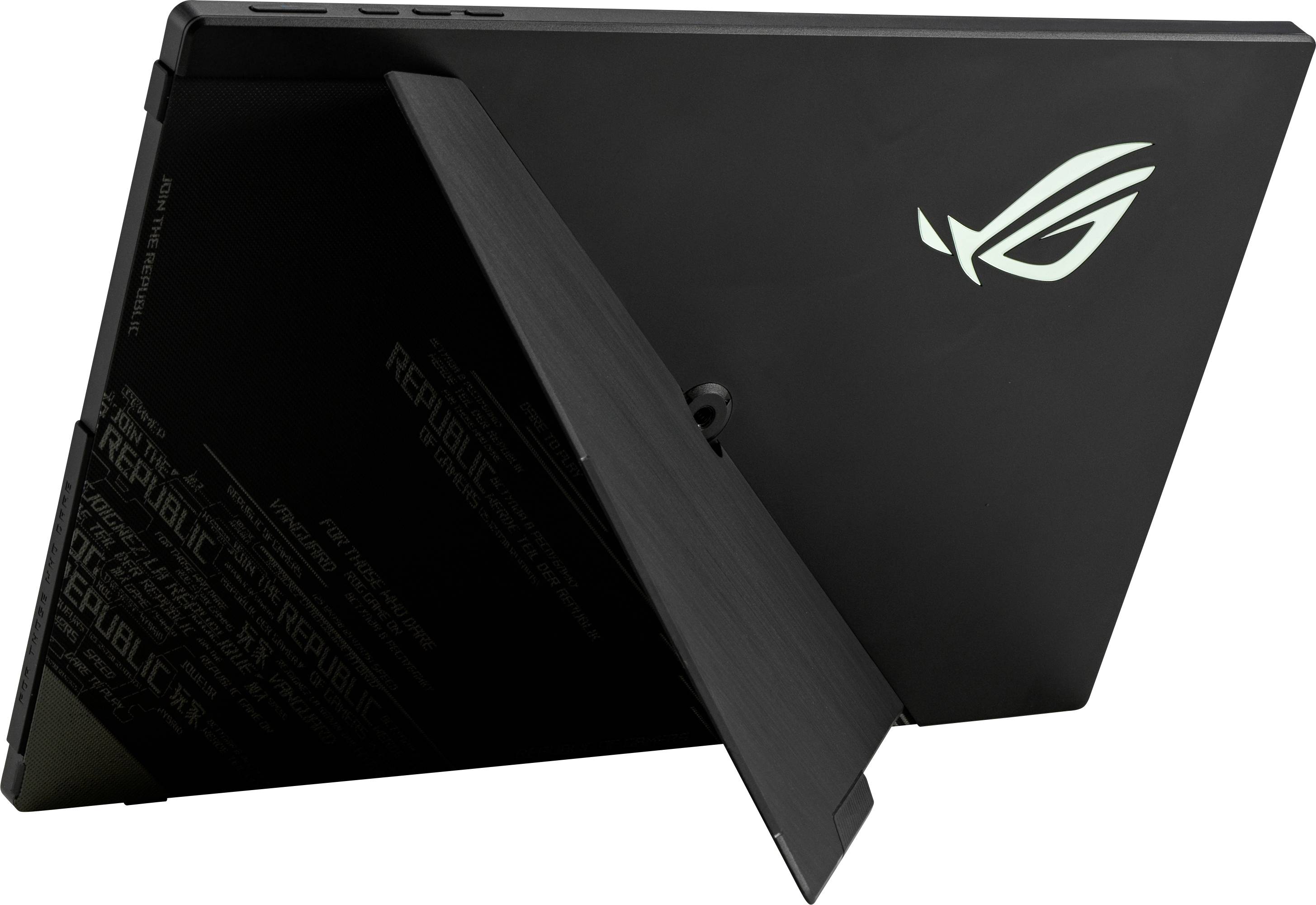 Rear view of a black gaming laptop with a fold-out stand and illuminated logo on the back of the screen.