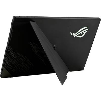 Rear view of a black gaming laptop with a fold-out stand and illuminated logo on the back of the screen.