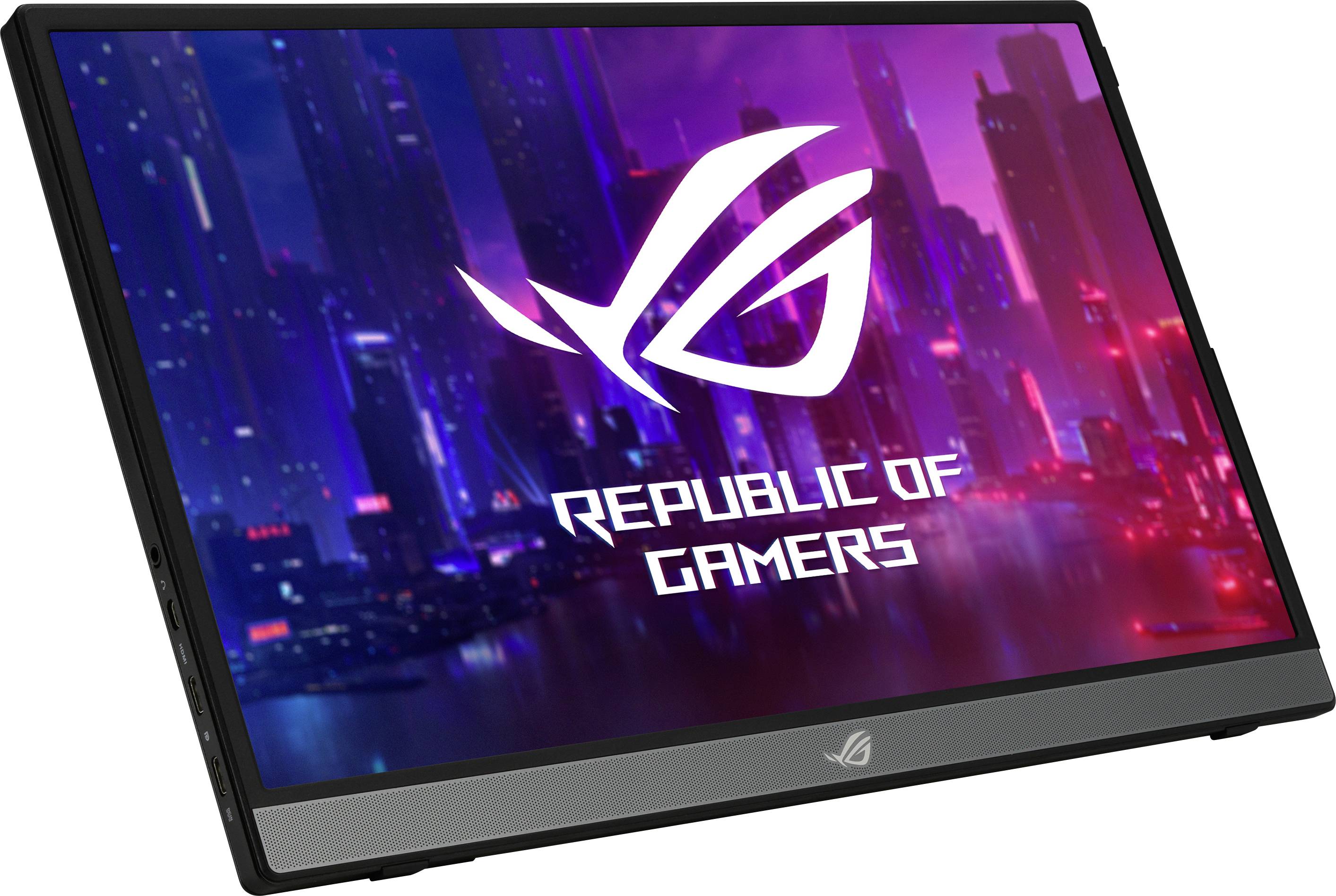 Portable gaming monitor with the 'Republic of Gamers' logo against a futuristic cityscape background.