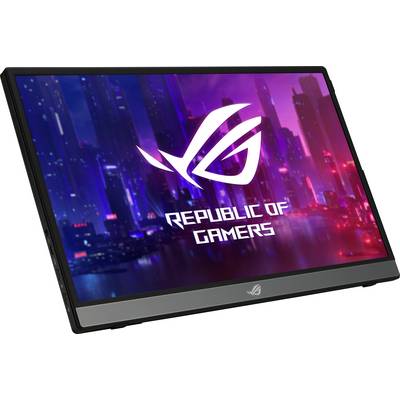 Portable gaming monitor with the 'Republic of Gamers' logo against a futuristic cityscape background.
