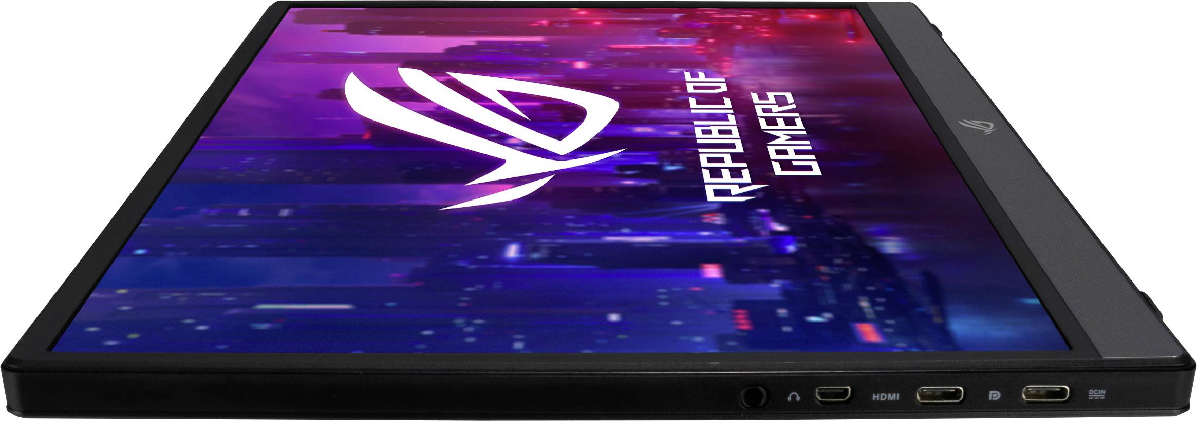A laptop screen displays the 'Republic of Gamers' logo, surrounded by a stylised cityscape with vibrant colours.