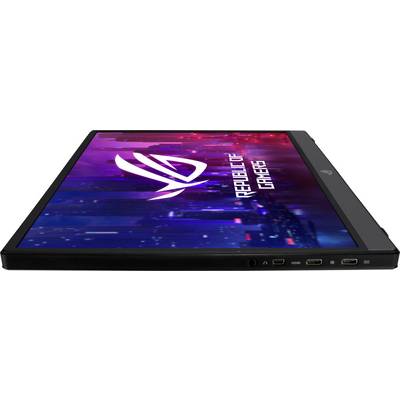 A laptop screen displays the 'Republic of Gamers' logo, surrounded by a stylised cityscape with vibrant colours.