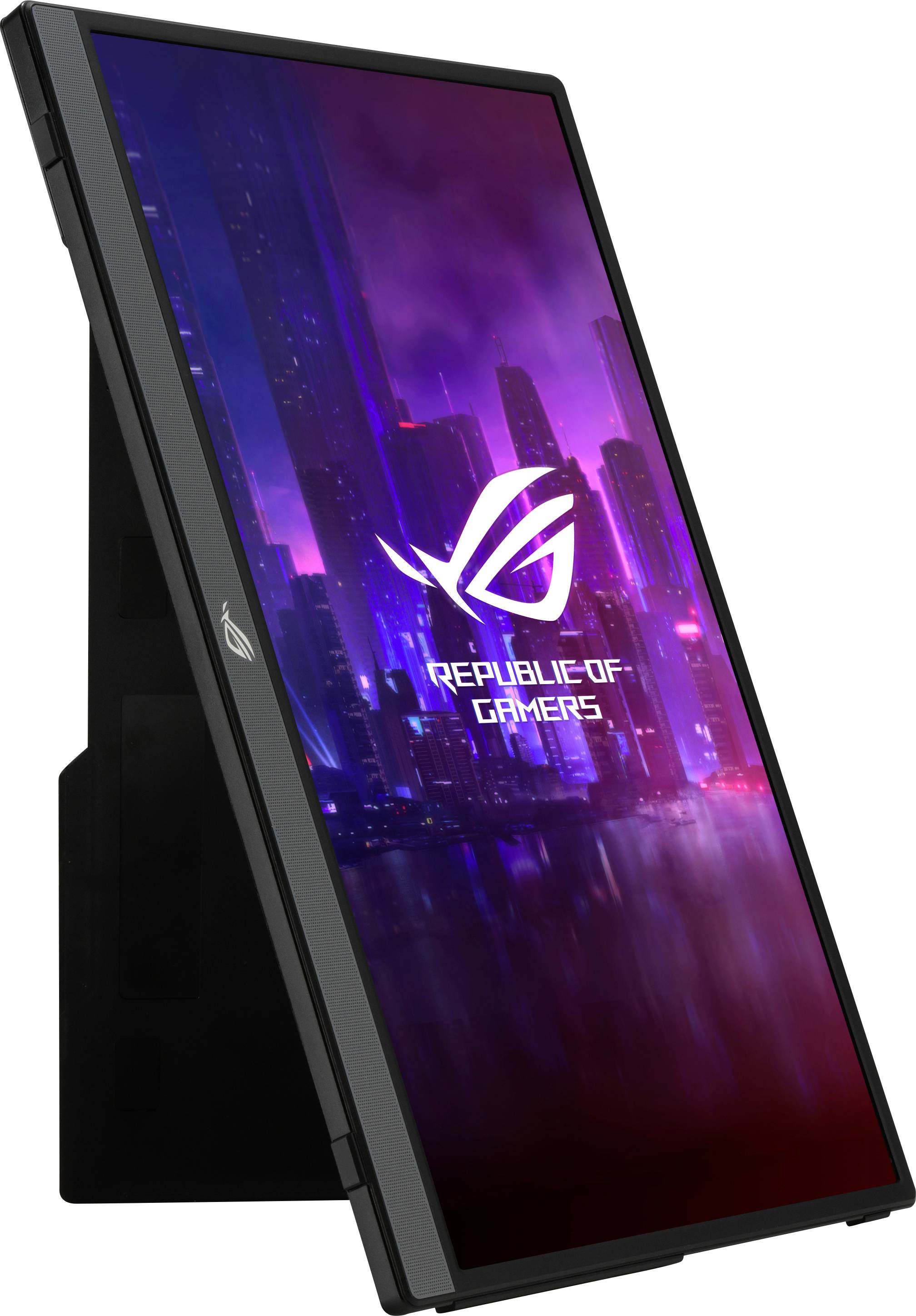 Gaming monitor in portrait orientation with an illuminated cityscape background and the 'Republic of Gamers' logo.