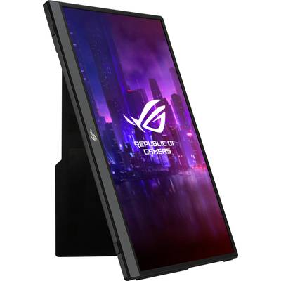 Gaming monitor in portrait orientation with an illuminated cityscape background and the 'Republic of Gamers' logo.
