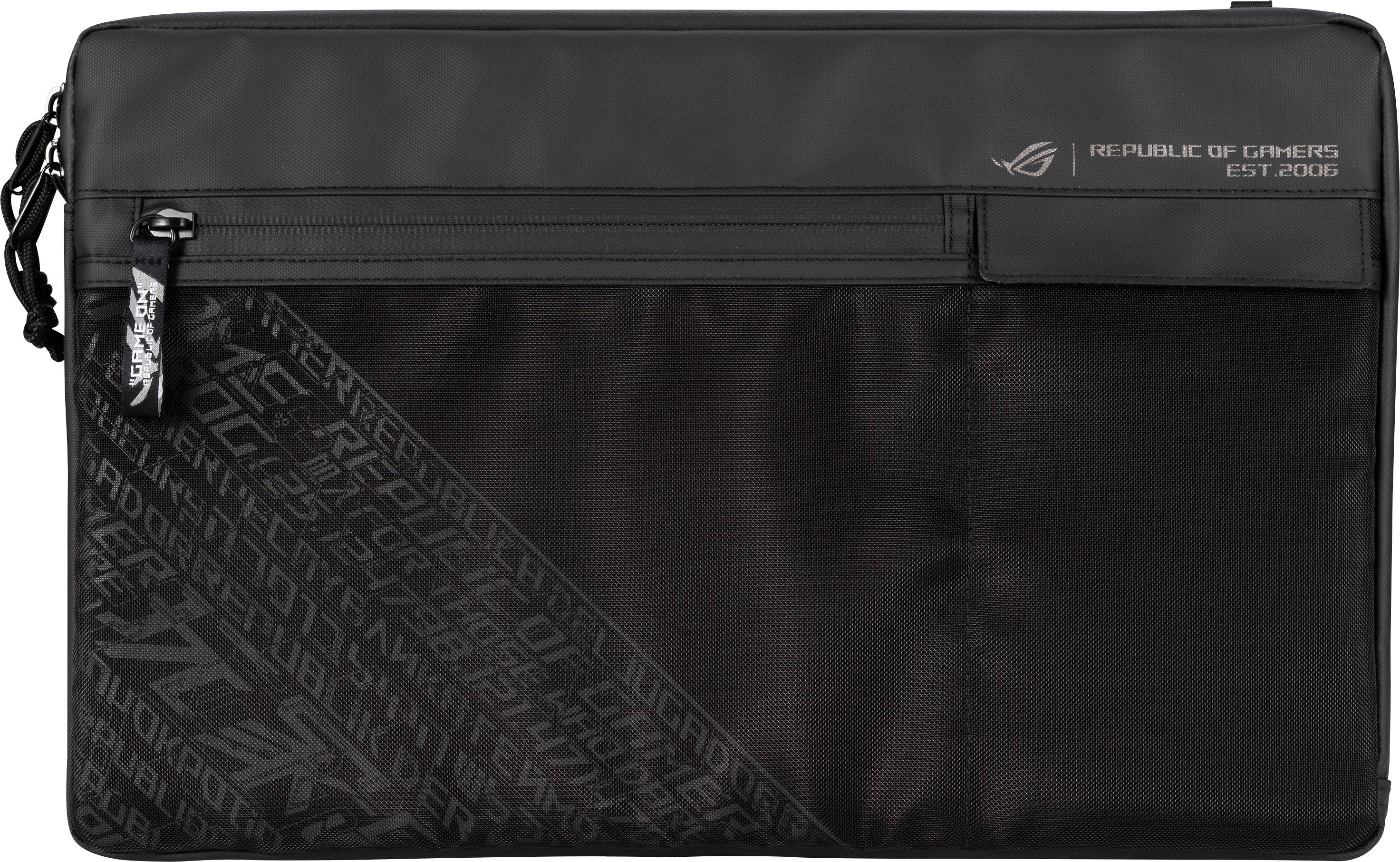 Black laptop bag with zip, logo and 'Republic of Gamers' inscription in the top right corner.