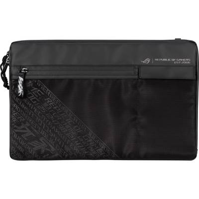 Black laptop bag with zip, logo and 'Republic of Gamers' inscription in the top right corner.