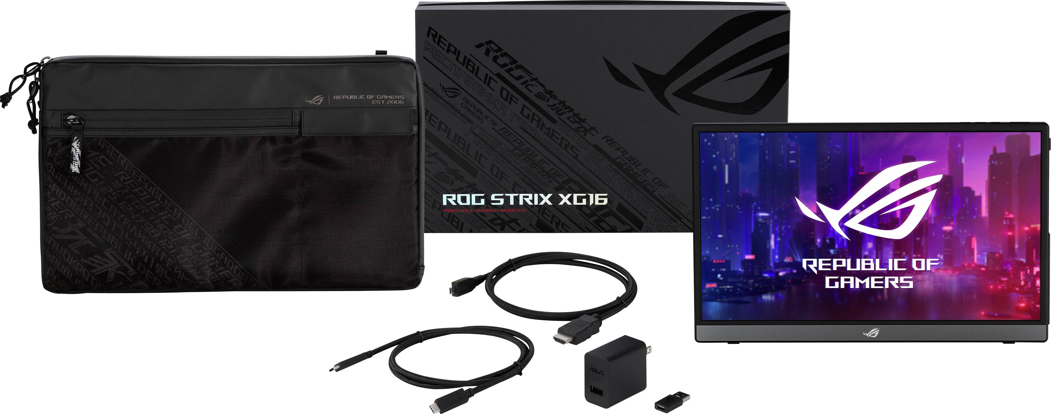 Portable Gaming Monitor with Accessories: Carry Case, HDMI and USB Cables, Power Supply. Screen Displays 'Republic of Gamers' Logo.