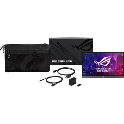 Portable Gaming Monitor with Accessories: Carry Case, HDMI and USB Cables, Power Supply. Screen Displays 'Republic of Gamers' Logo.
