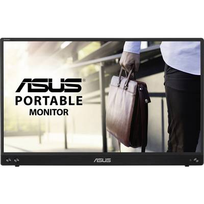 A man is carrying a leather bag, next to which is an 'ASUS Portable Monitor'.