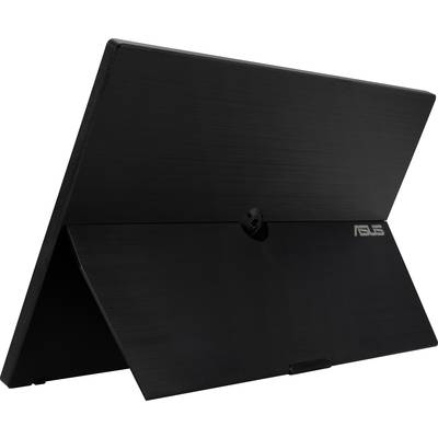 A glossy black ASUS monitor displays its back with a stand. Ideal for use as a portable second monitor.