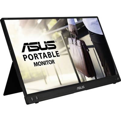 A portable ASUS monitor shows a person on the right wearing business attire and carrying a briefcase. The background is blurred.